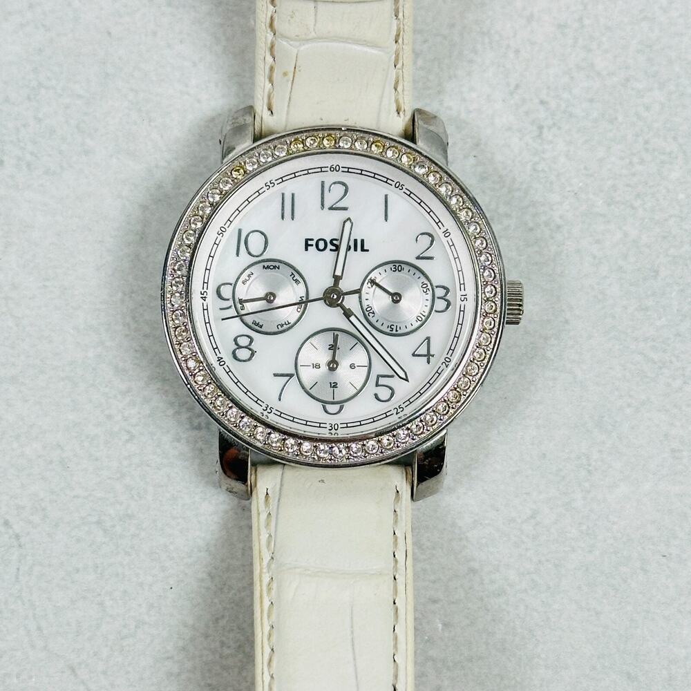 Fossil Watch Womens 38mm Round Multifunction Rhinestone Bling Bezel New Battery